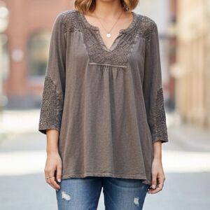 Cato Bohemian Embroidered Insert Cotton Olive Peasant Shirt 14/16W 1X